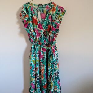 BloomChic Emerald Floral Wrap Patchwork Ruffle Cap Sleeve Dress